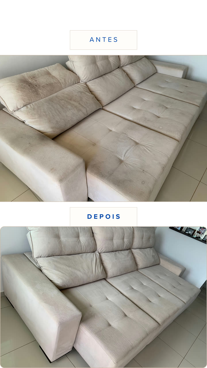 Antes e depois de sofá vermelho higienizado